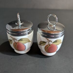 2 Royal Worcester Egg Coddlers Porcelain Stainless Lid Peaches Berries
